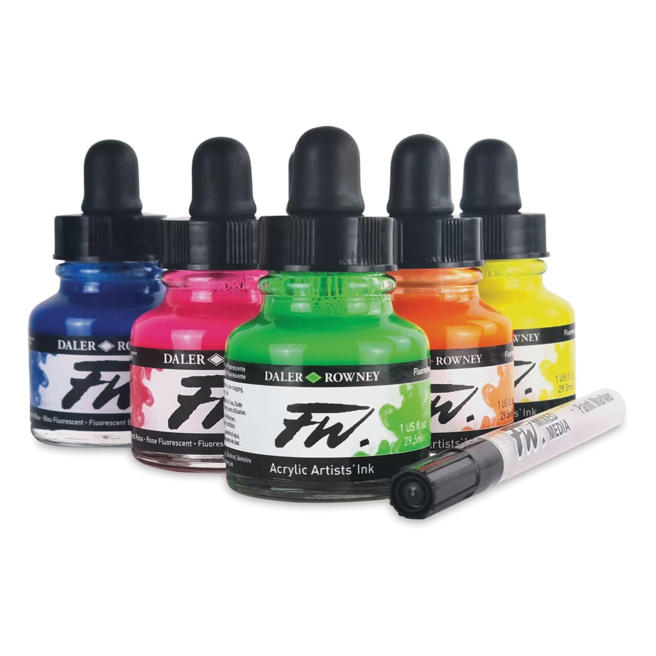 Daler-Rowney FW Acrylic Water-Resistant Artists Ink - 1 oz, Neon Colors, Set of 6 with Empty Marker